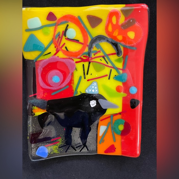 “Choose Joy”Fused Art Glass With Crow Handmade Rectangular Tray 8”x6”Original - Picture 6 of 9